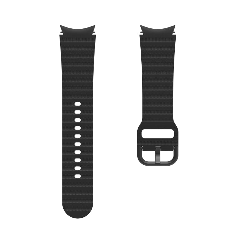 Black silicone watch band with wave dotted texture and buckle, two strap views