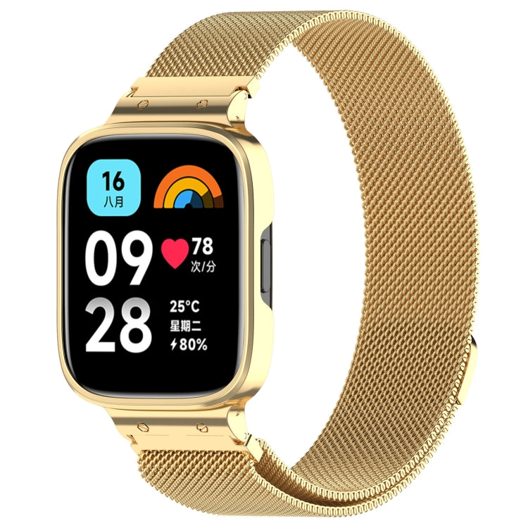 Gold Milan metal watch band with protective frame, smartwatch shown