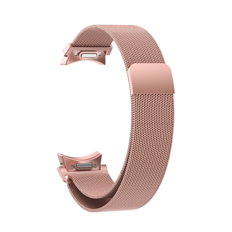 Milanese metal watch band with pink mesh strap and metal clasp, side view