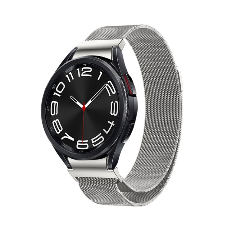 Milanese metal watch band with silver mesh strap and black watch face for Galaxy Watch 6
