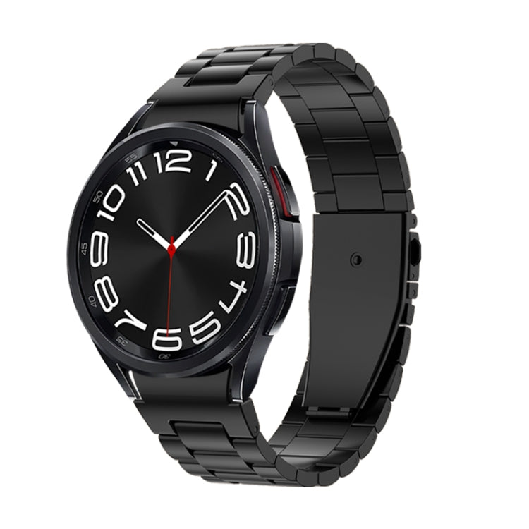 Three Strains metal watch band with black link design and watch face, black clasp end.