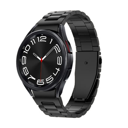 Three Strains metal watch band with black link design and watch face, black clasp end.