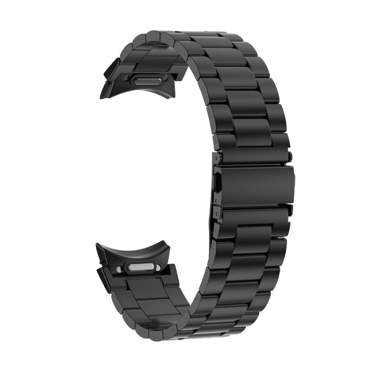 Three Strains metal watch band with black three-link links and side clasp and pins.