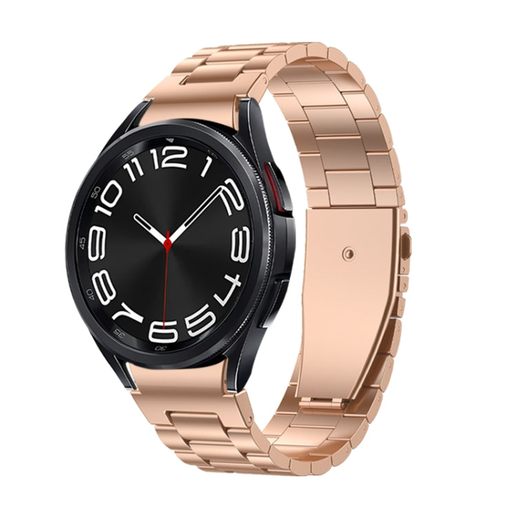 Three Strains metal watch band with rose gold link design and watch face, rose clasp end.