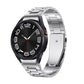 Three Strains metal watch band with silver link design and watch face, silver clasp end.
