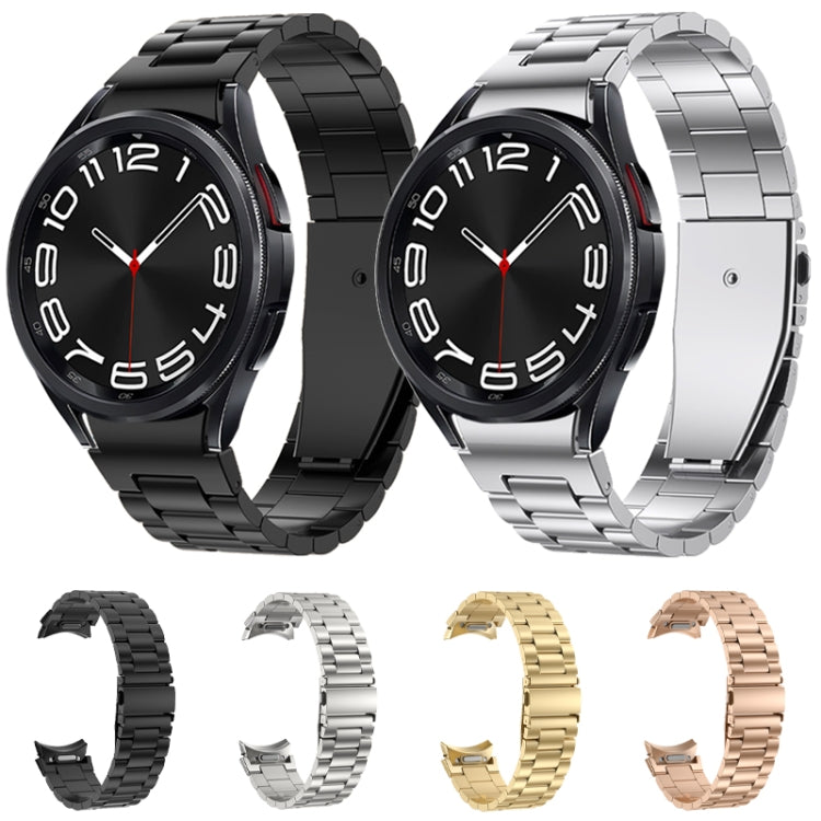 Three Strains metal watch band set showing multiple colors: black, silver, gold, and rose.