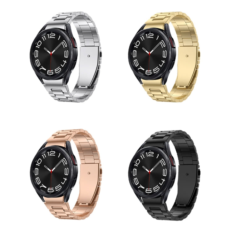 Three Strains metal watch band options shown in black, gold, rose, and champagne rose tones.