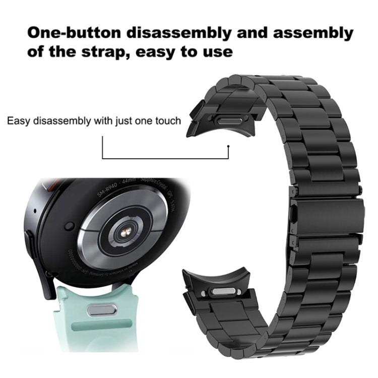 Three Strains metal watch band with black links and quick-release clasp and pin pieces.