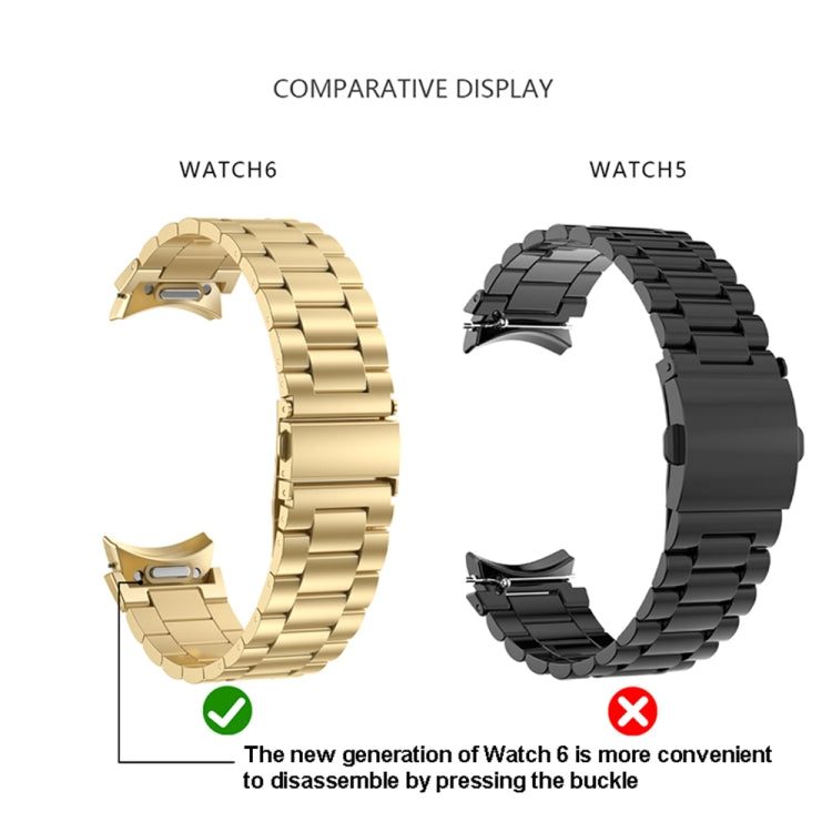 Three Strains metal watch bands showing watch6-style vs watch5-style clasp shapes, gold and black.