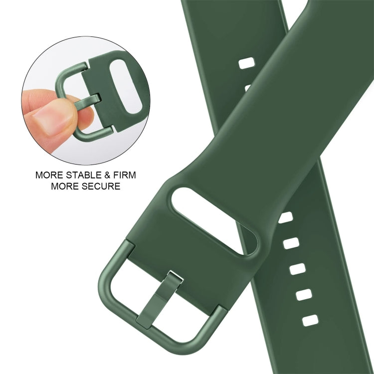 Olive green silicone watch band pin buckle, with metal clasp and secure strap loop.