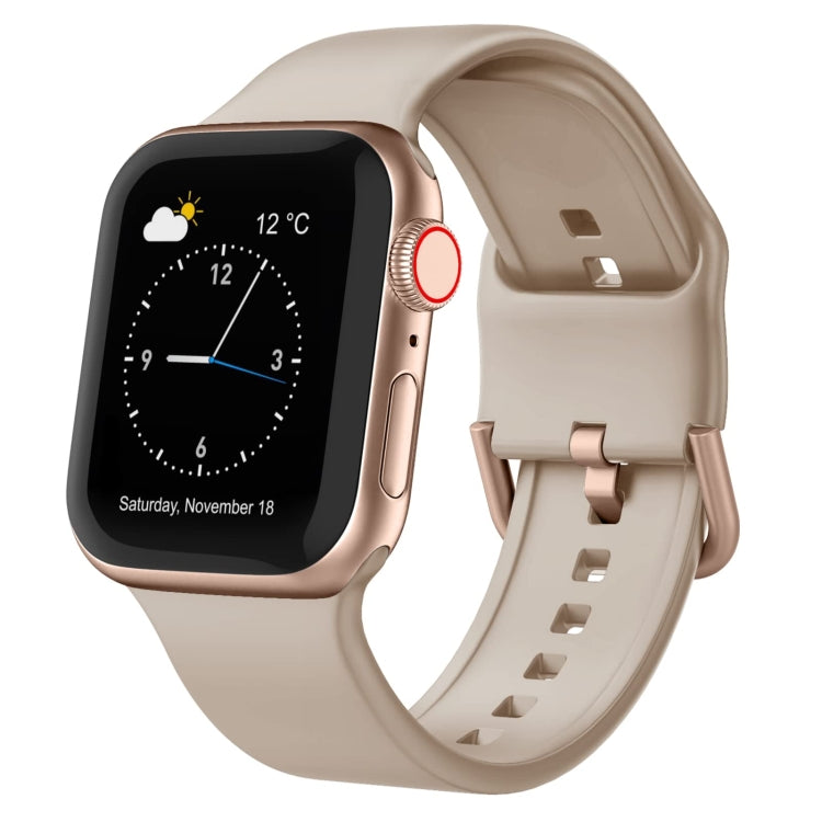 Silicone pin buckle watch band with perforations, beige taupe color.