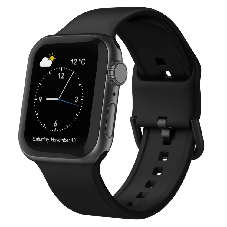 Black silicone watch band with pin buckle and perforated holes for Apple Watch