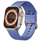 Purple silicone Apple Watch pin buckle band with perforated strap and secure clasp.