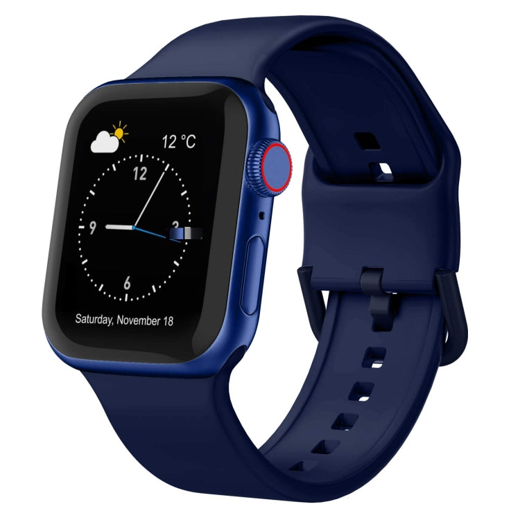 Navy blue silicone Apple Watch pin buckle band with perforated strap and secure clasp.