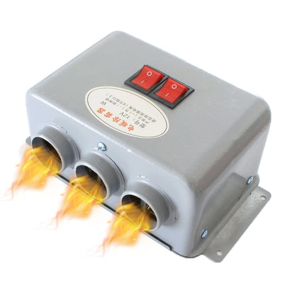 Gray 3-hole 12V demister defroster box with heat flames, red switches, and three outlets