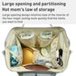 Open light blue mommy backpack interior with multiple compartments for baby essentials.