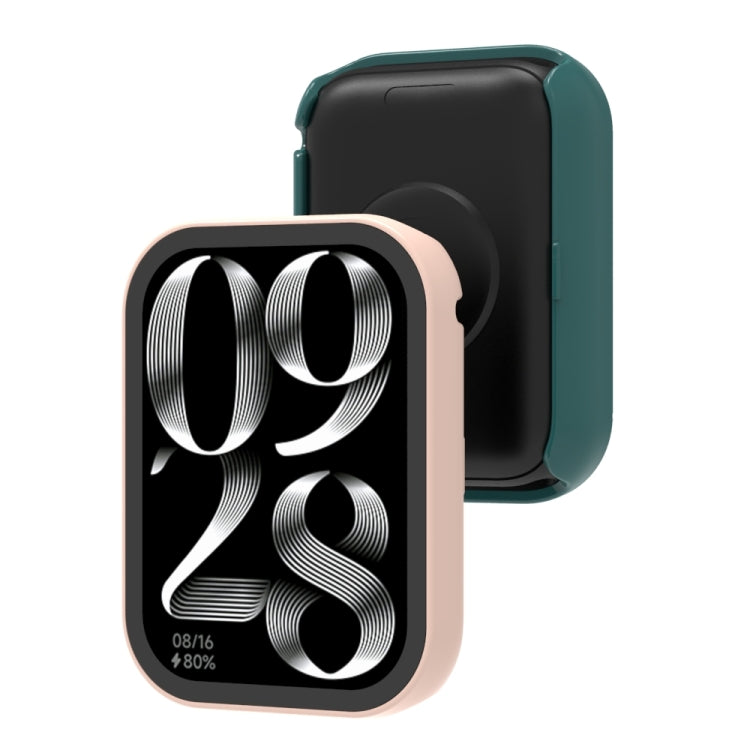 Pink fitness tracker protective case with integrated tempered film on teal band