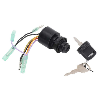 Key ignition switch with black housing, wiring harness, and two metal keys