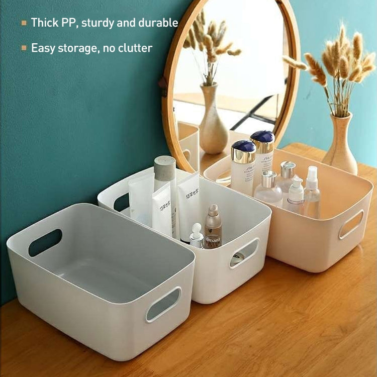 Multi-color plastic storage baskets with side handles for countertop organization