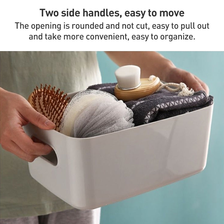 White plastic storage basket with two side cutout handles for easy carrying