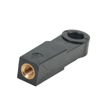 Throttle cable connector, dark gray block with brass threaded port and circular opening