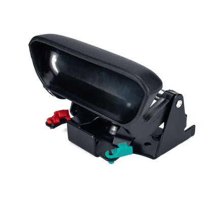 Black car tailgate handle with release latch and mounting bracket, hinged cover