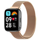 Rose gold metal mesh watch band with clasp, paired with a smartwatch