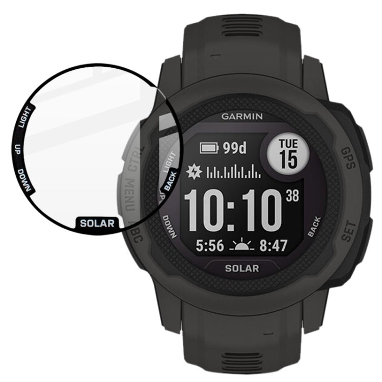 Transparent watch screen protective film on black smartwatch with circular overlay