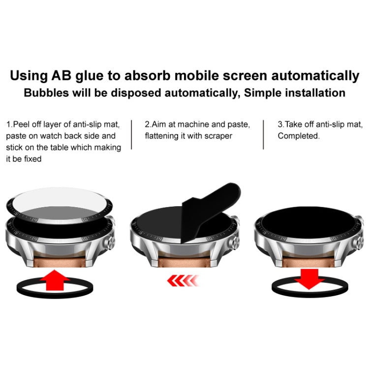 Watch screen protective film installation steps with film aligned on watch