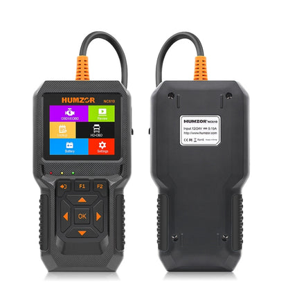 Handheld OBD2 diagnostic code reader with orange-capped cables and black touchscreen