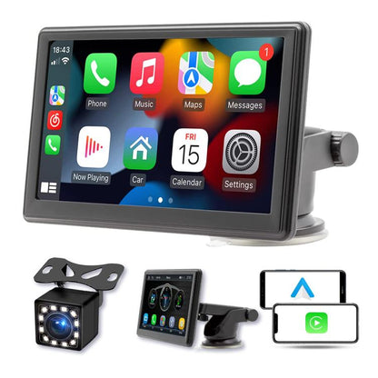 7-inch car multimedia touchscreen display with mounting stand, showing app icons