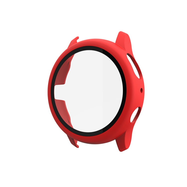 Protective smartwatch case with tempered glass film, red bezel in angled view