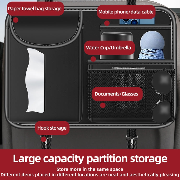 Black car seat back storage bag with cup slot, document compartment, and mesh organizer