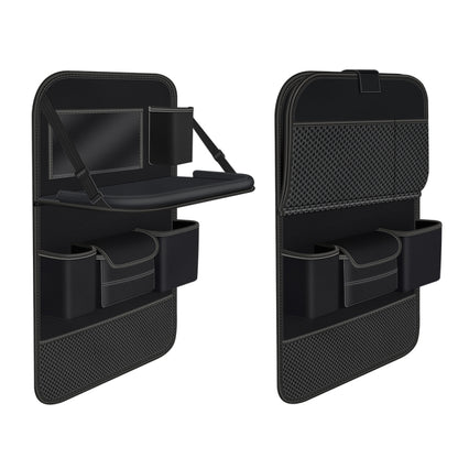 Black foldable car seat back storage bag with molded compartments and straps
