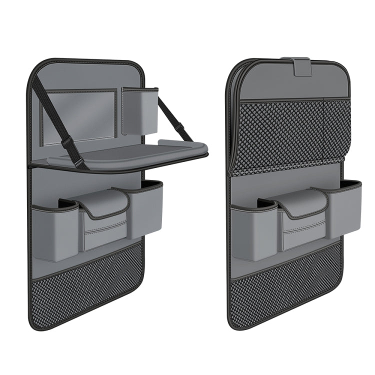 Grey foldable car seat back storage bag with molded compartments and top handle