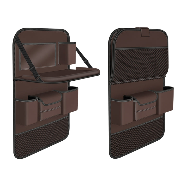 Brown foldable car seat back storage bag with molded compartments and top handle