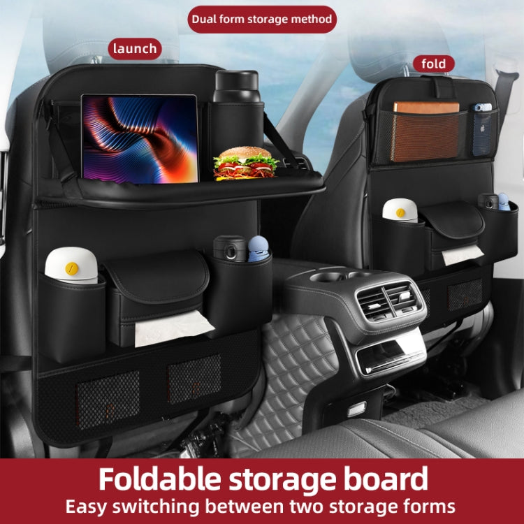 Black foldable car seat back storage bag with built-in storage board and pockets