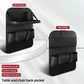 Black foldable car seat back storage bag with molded compartments, folded and open views
