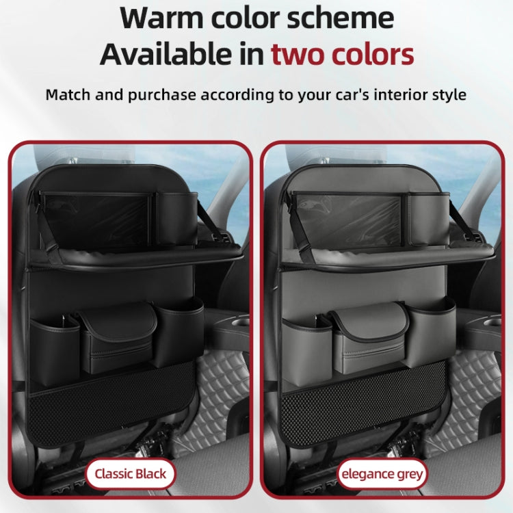 Black and grey car seat back storage bags with molded compartments and front pockets