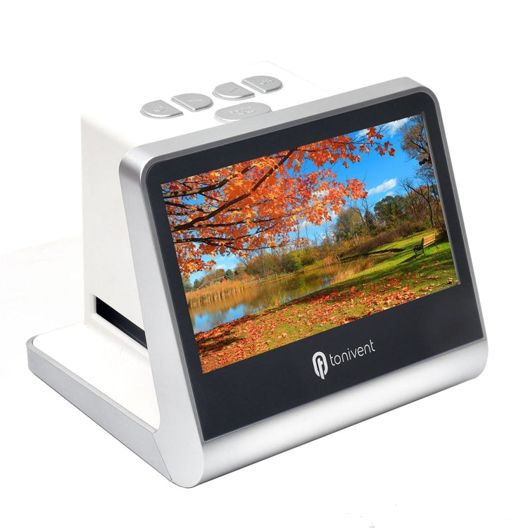 White film scanner front view with black bezel and landscape image on screen