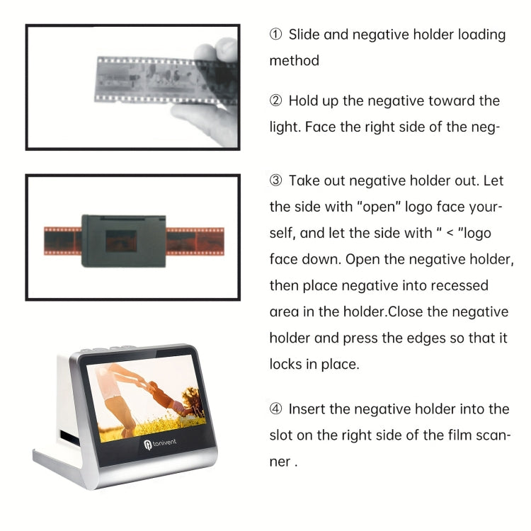 White film slide scanner with negative holder shown being inserted near the screen