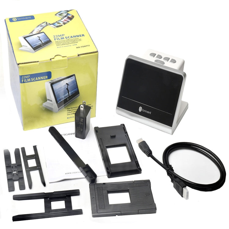 White film scanner kit with slide holders, cables, and accessories