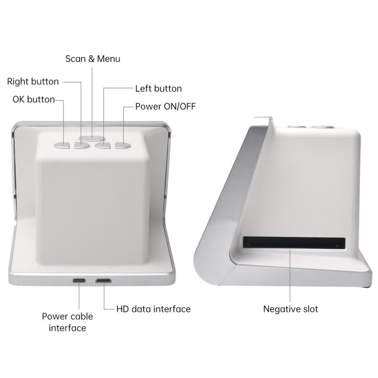 White desktop film slide scanner with 5-inch display, control buttons, and negative slot