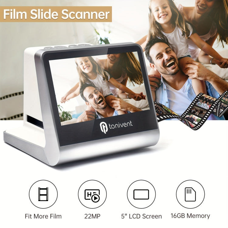 White film slide scanner with angled 5-inch LCD screen and front film feed slot