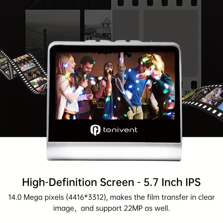 White film scanner with built-in screen displaying scanned photos and tonivent logo