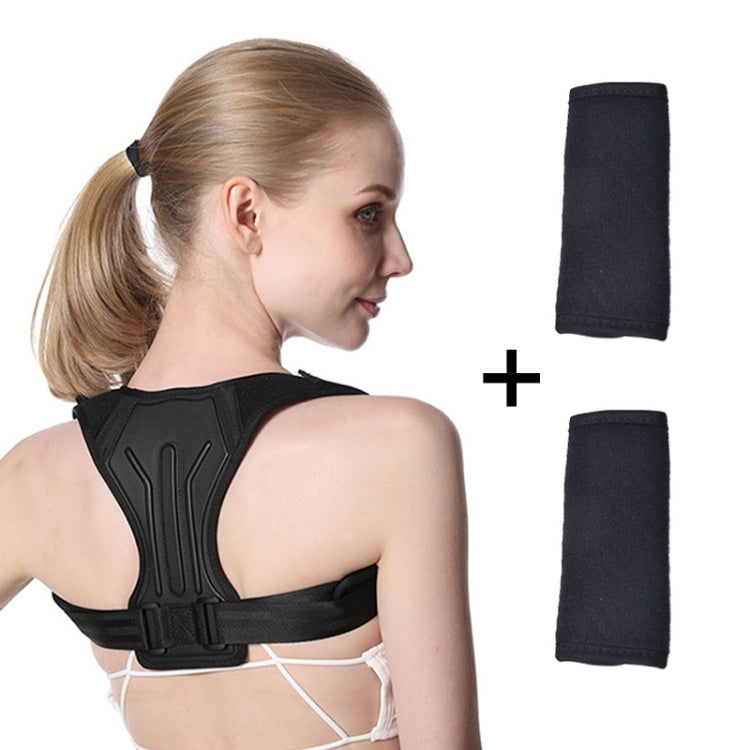 Black posture correction belt with shoulder strap, shown from the back on a model