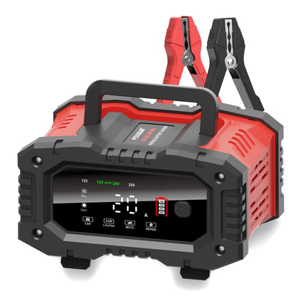 Portable battery charger with red-and-black housing, digital display, and clamp cables