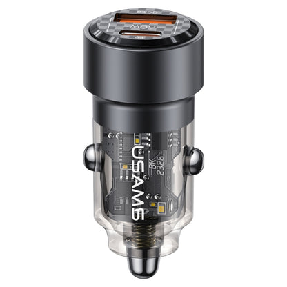Black dual-port car charger with transparent inner circuit module and aluminum top.