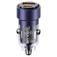 Purple dual-port car charger with transparent inner circuit module and aluminum top.