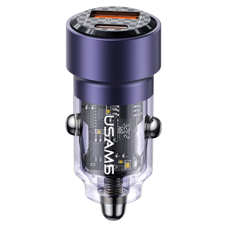 Purple dual-port car charger with transparent inner circuit module and aluminum top.